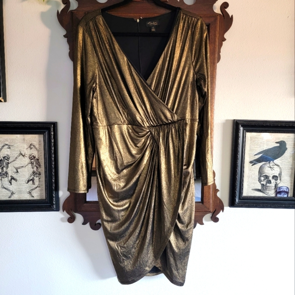 70s Gold Faux Wrap Around Dress with Long Sleeves